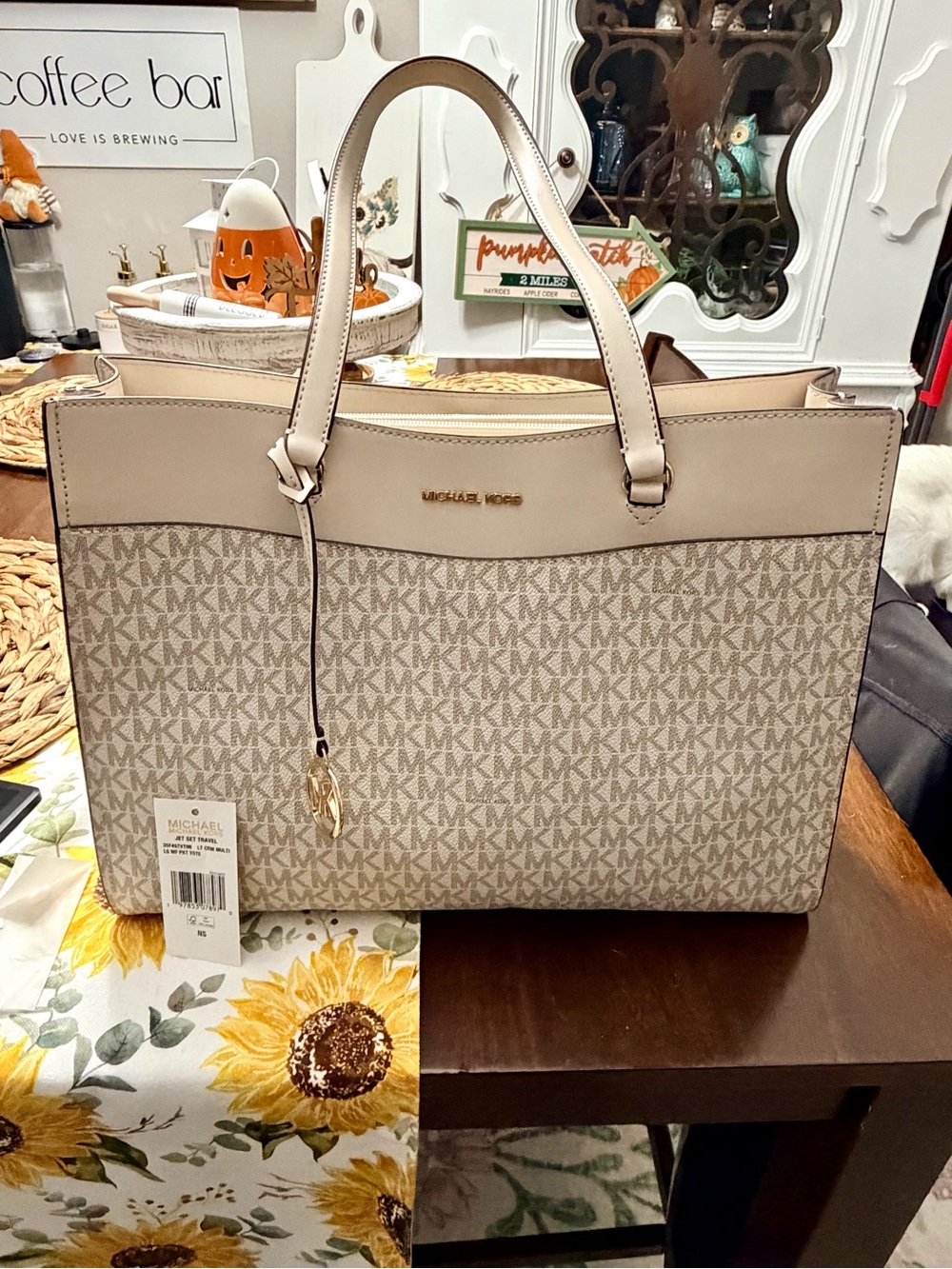 Michael Kors Beige Signature MK Tote with Gold Accent